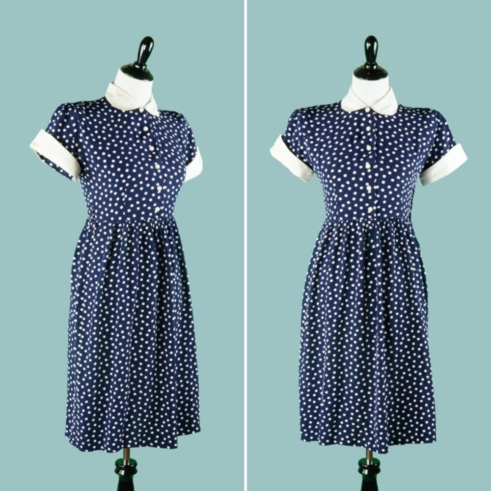 1940s 1950s navy blue polka dot dress | rayon, beautiful drape Offers Accepted!